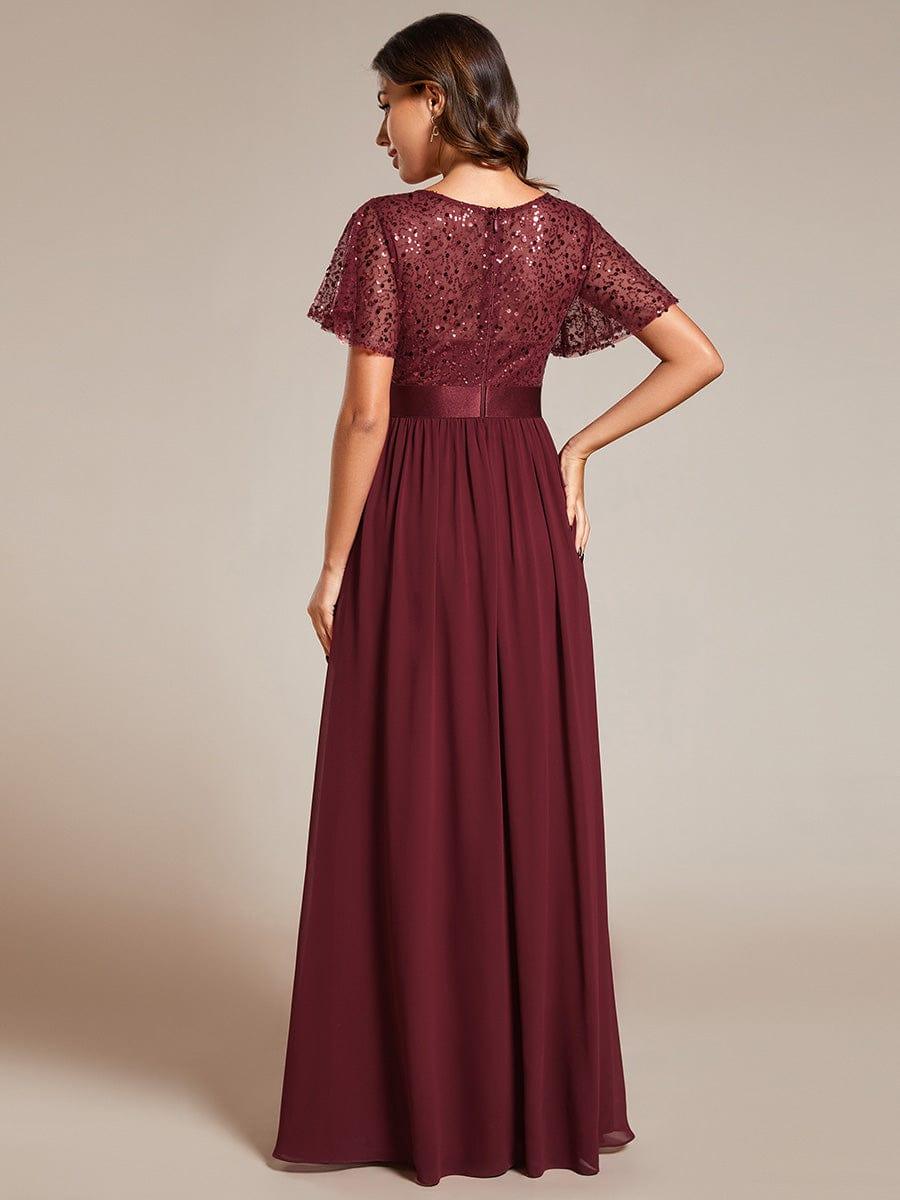 Robe de soirée à manches courtes et col rond à sequins taille haute #Couleur_Bordeaux