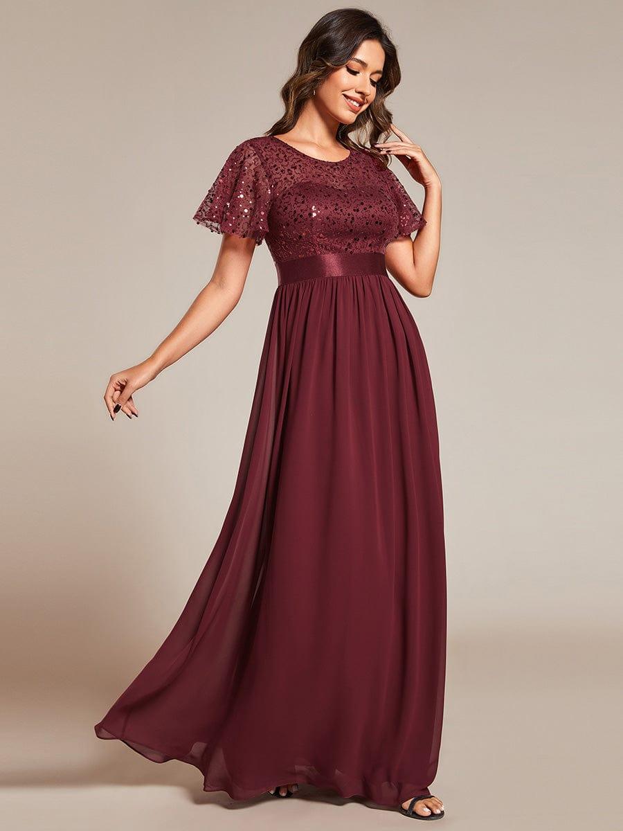 Robe de soirée à manches courtes et col rond à sequins taille haute #Couleur_Bordeaux
