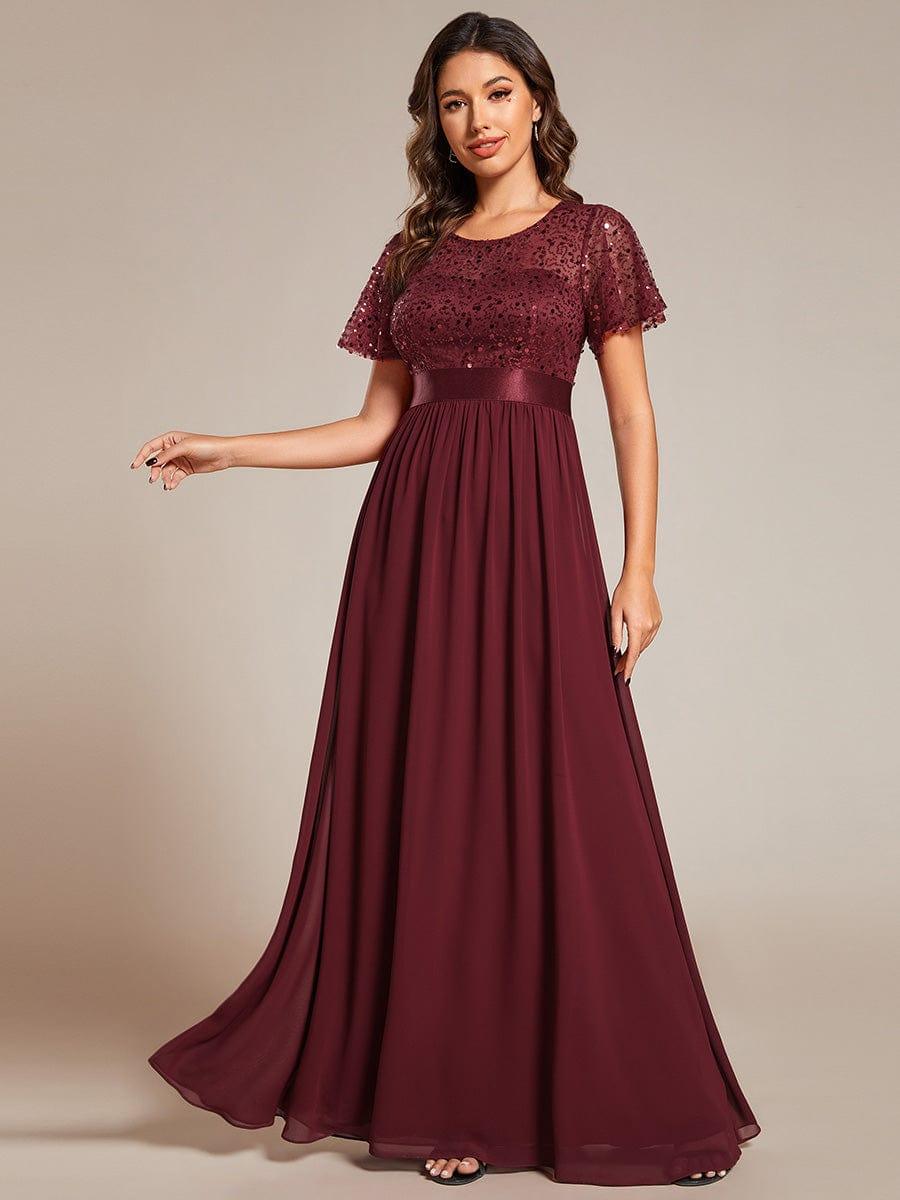 Robe de soirée à manches courtes et col rond à sequins taille haute #Couleur_Bordeaux