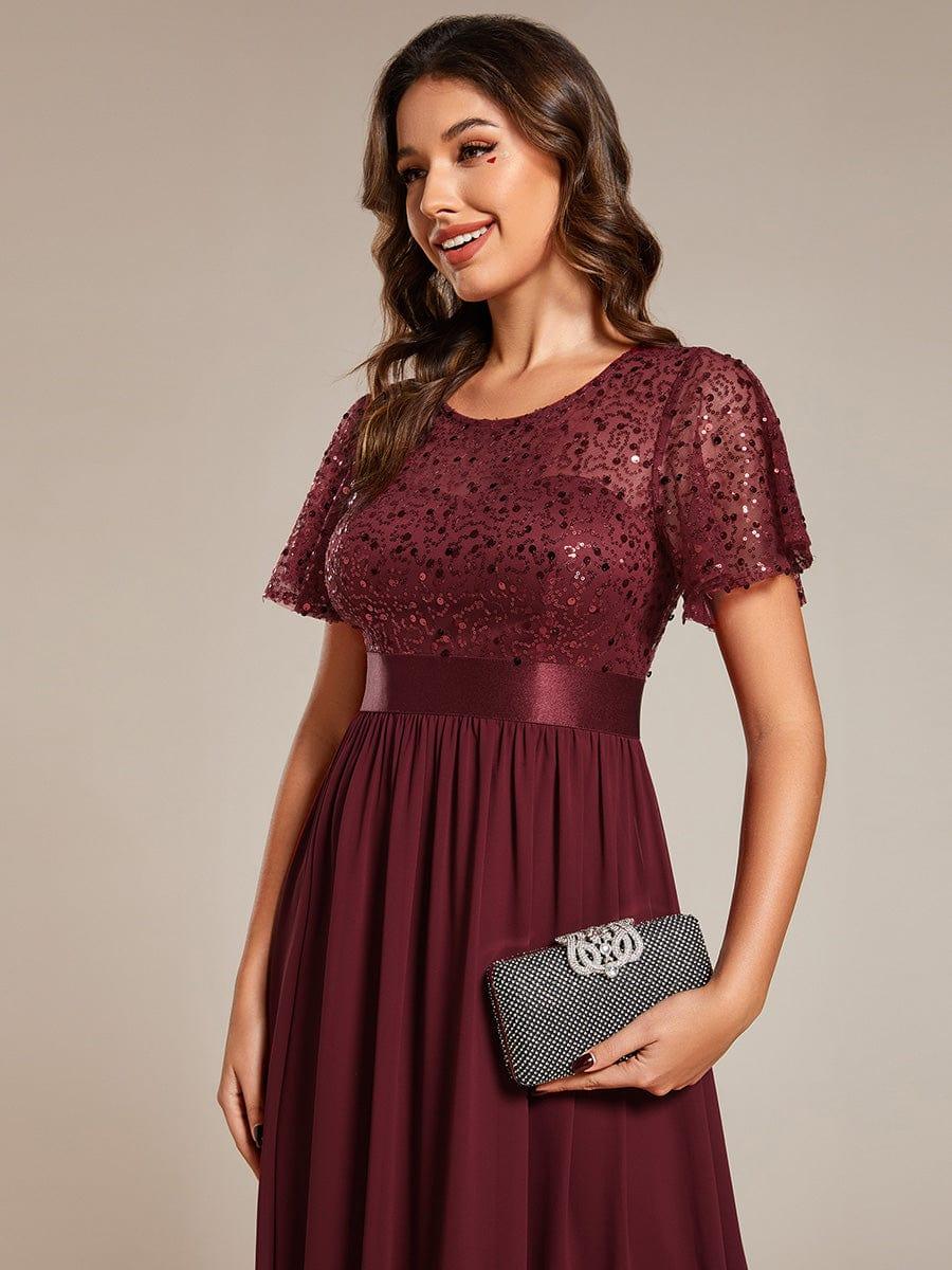 Robe de soirée à manches courtes et col rond à sequins taille haute #Couleur_Bordeaux