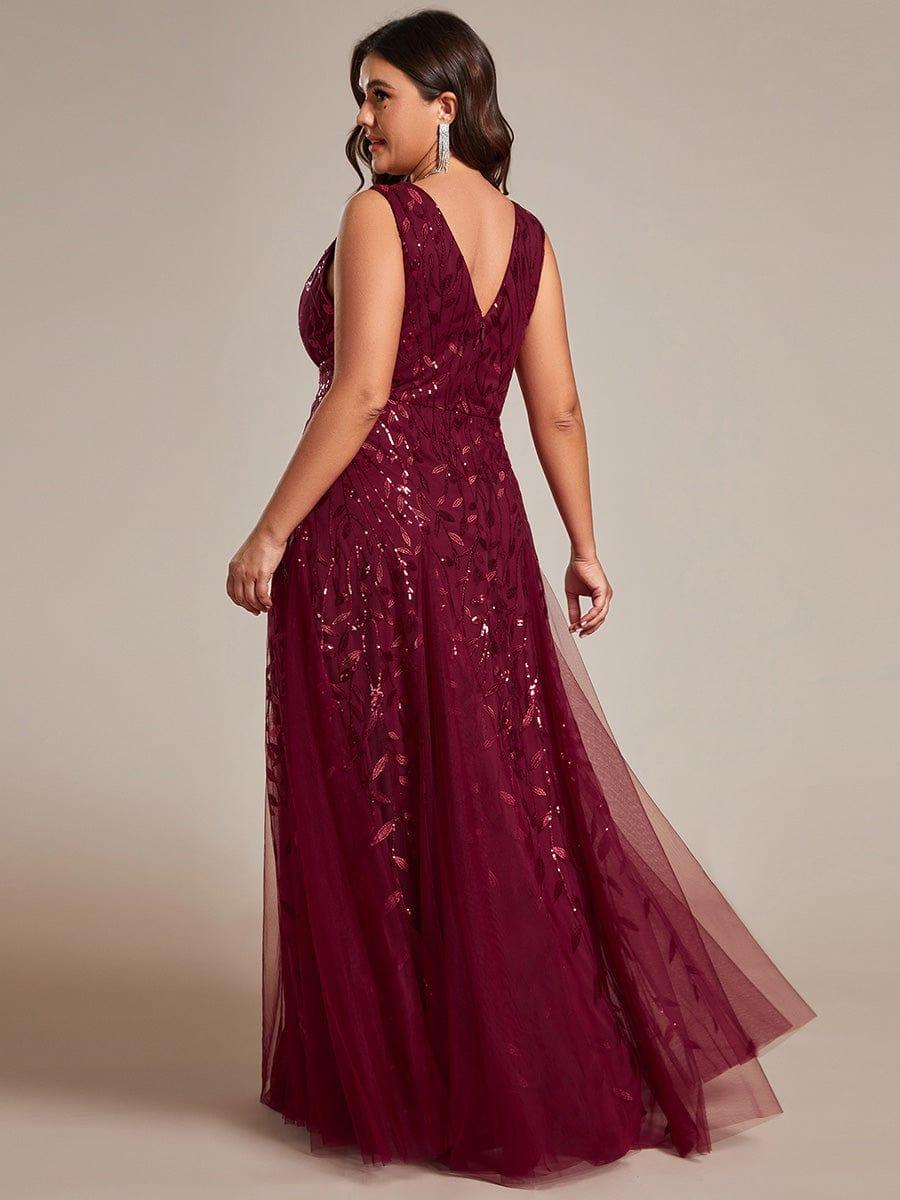 Robes de soirée trapèze pailletées sans manches à col en V #Couleur_Bordeaux