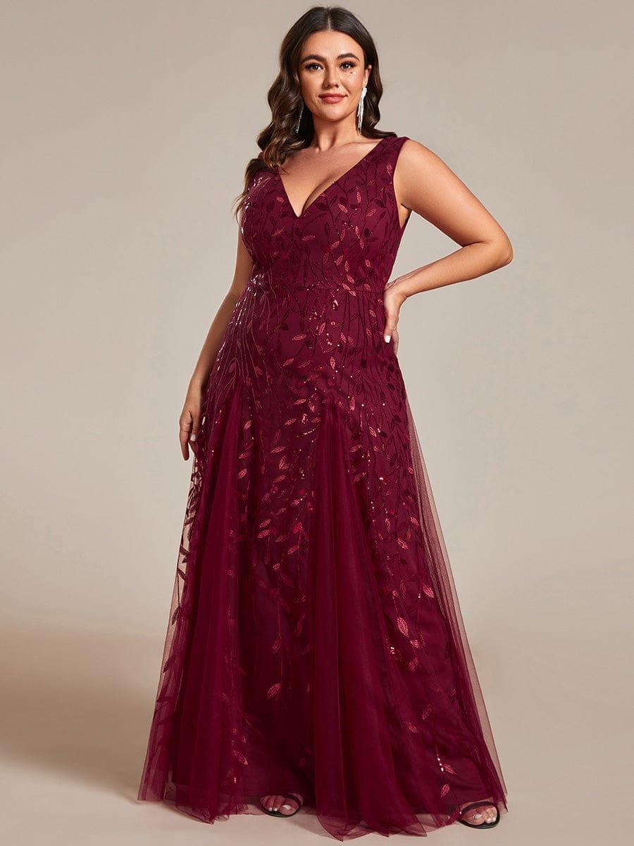 Robes de soirée trapèze pailletées sans manches à col en V de grande taille #Couleur_Bordeaux