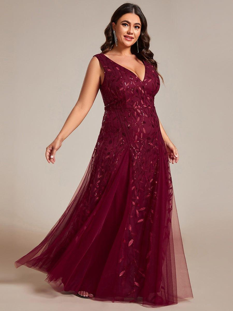 Robes de soirée trapèze pailletées sans manches à col en V #Couleur_Bordeaux