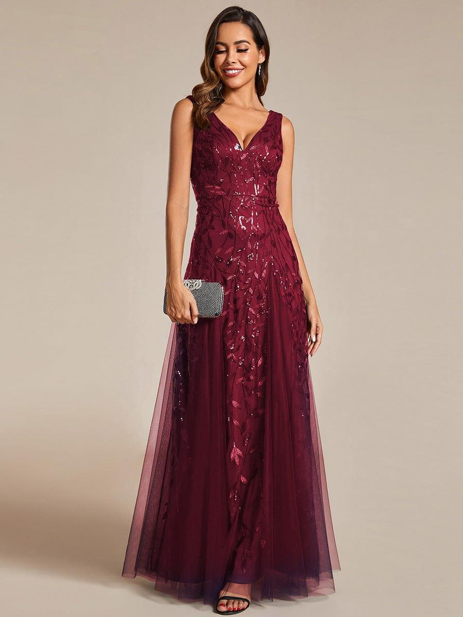 Robes de soirée trapèze pailletées sans manches à col en V #Couleur_Bordeaux