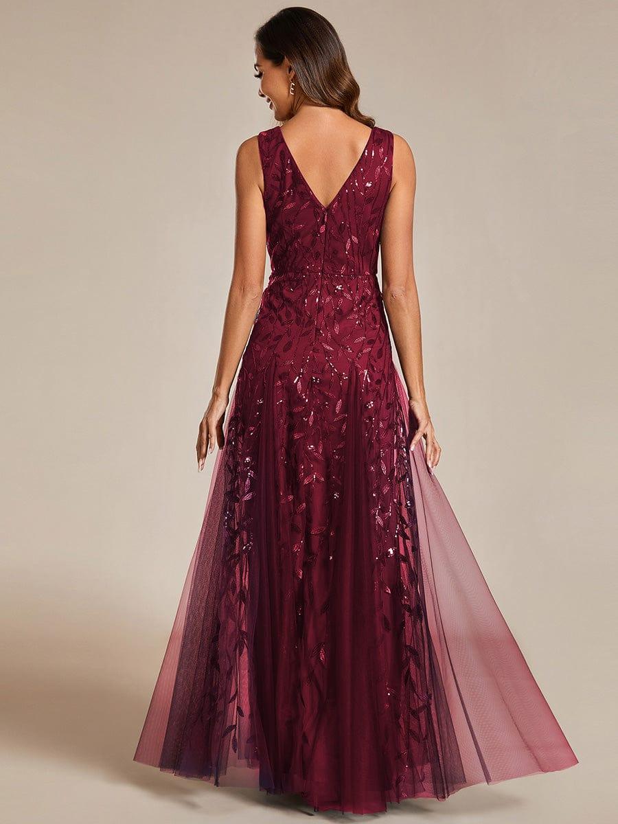 Robes de soirée trapèze pailletées sans manches à col en V #Couleur_Bordeaux