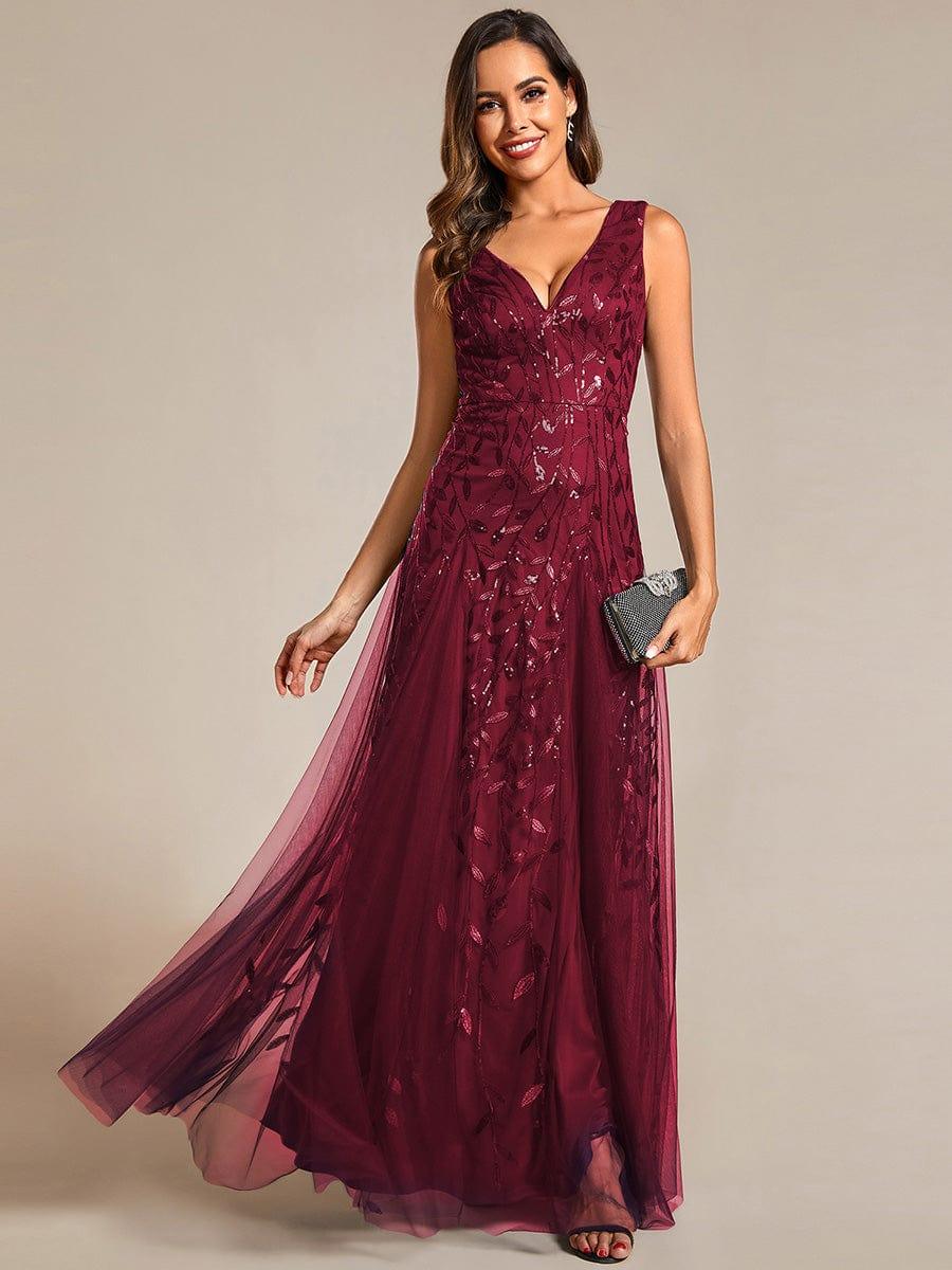 Robes de soirée trapèze pailletées sans manches à col en V #Couleur_Bordeaux