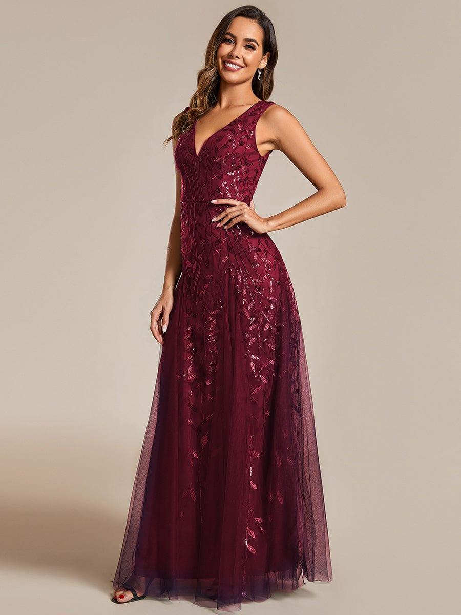 Robes de soirée trapèze pailletées sans manches à col en V #Couleur_Bordeaux