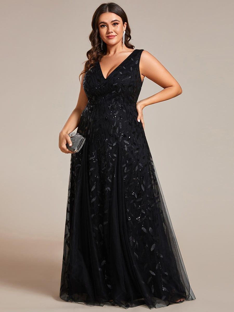 Robes de soirée trapèze pailletées sans manches à col en V #Couleur_Noir