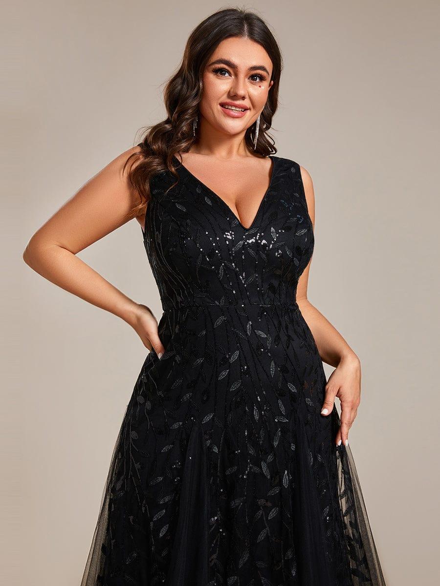Robes de soirée trapèze pailletées sans manches à col en V #Couleur_Noir