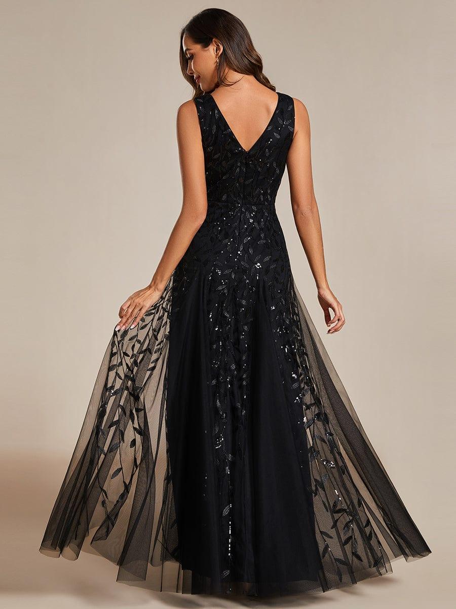 Robes de soirée trapèze pailletées sans manches à col en V #Couleur_Noir