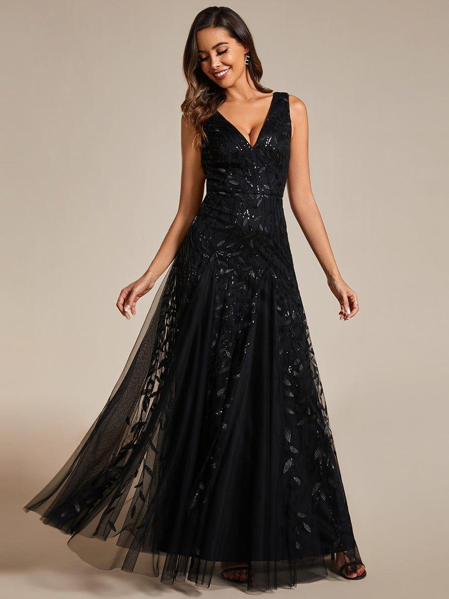Robes de soirée trapèze pailletées sans manches à col en V #Couleur_Noir