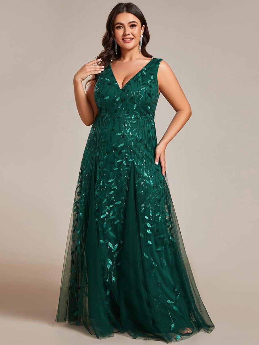 Robes de soirée trapèze pailletées sans manches à col en V de grande taille #Couleur_Vert Fonce