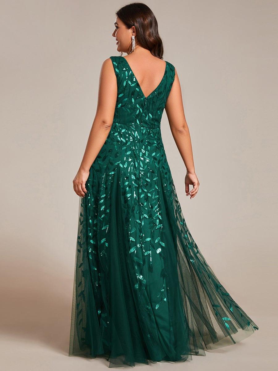 Robes de soirée trapèze pailletées sans manches à col en V de grande taille #Couleur_Vert Fonce