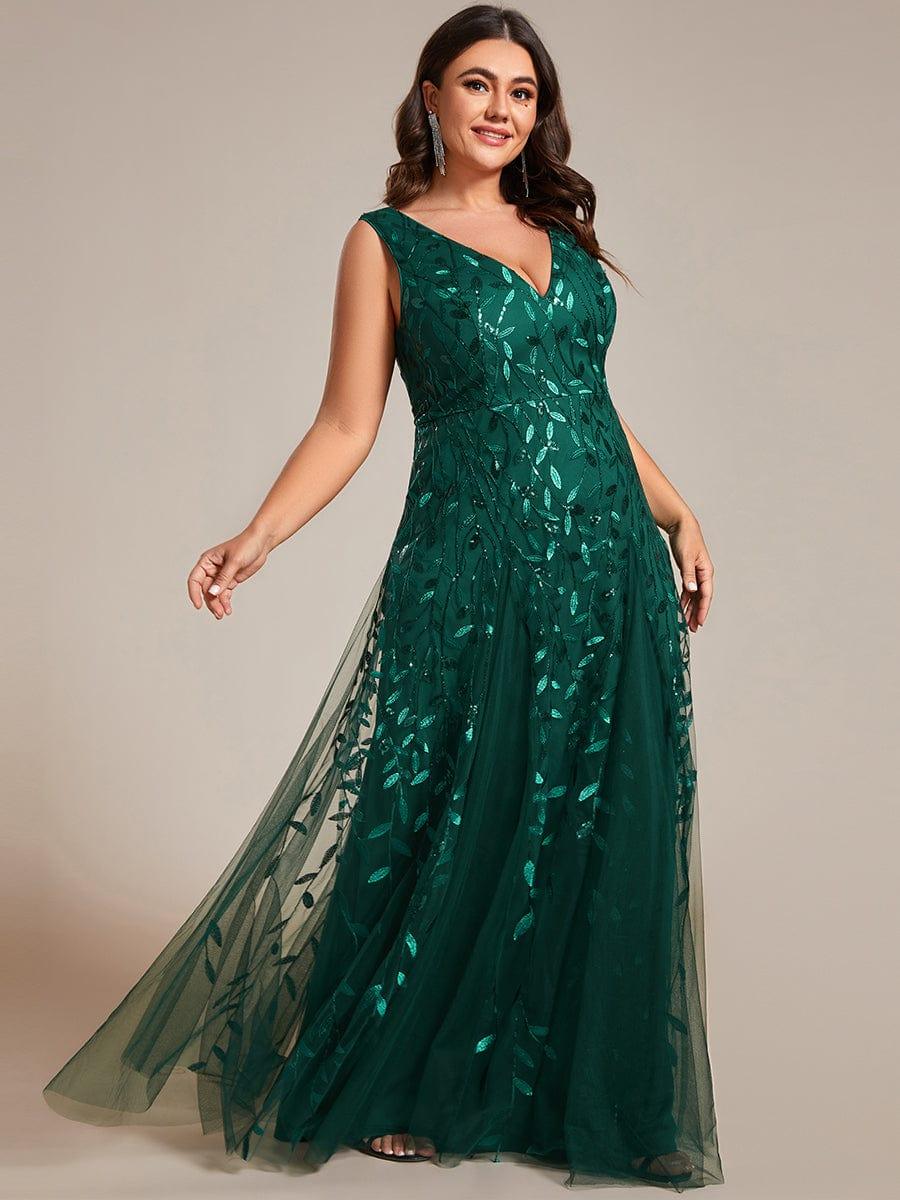 Robes de soirée trapèze pailletées sans manches à col en V #Couleur_Vert Fonce