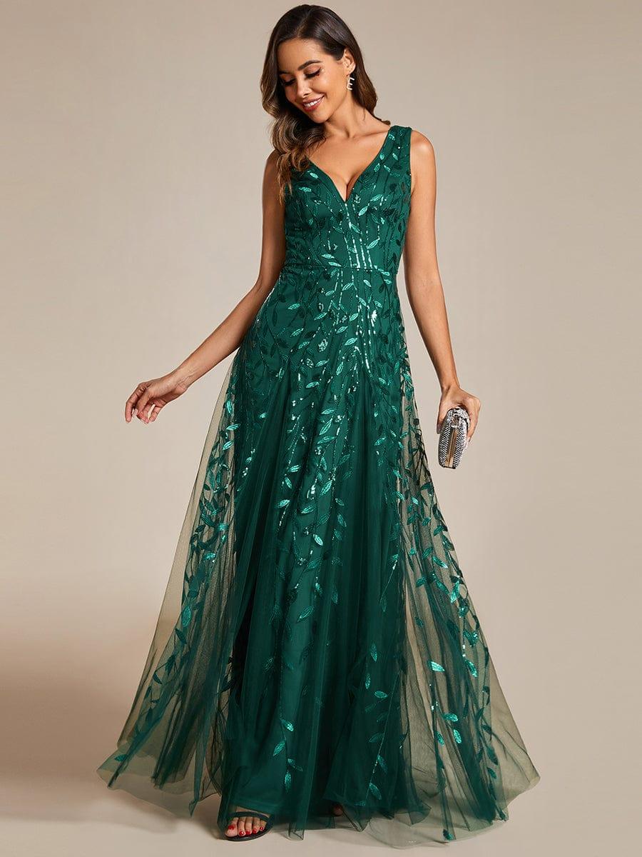 Robes de soirée trapèze pailletées sans manches à col en V #Couleur_Vert Fonce