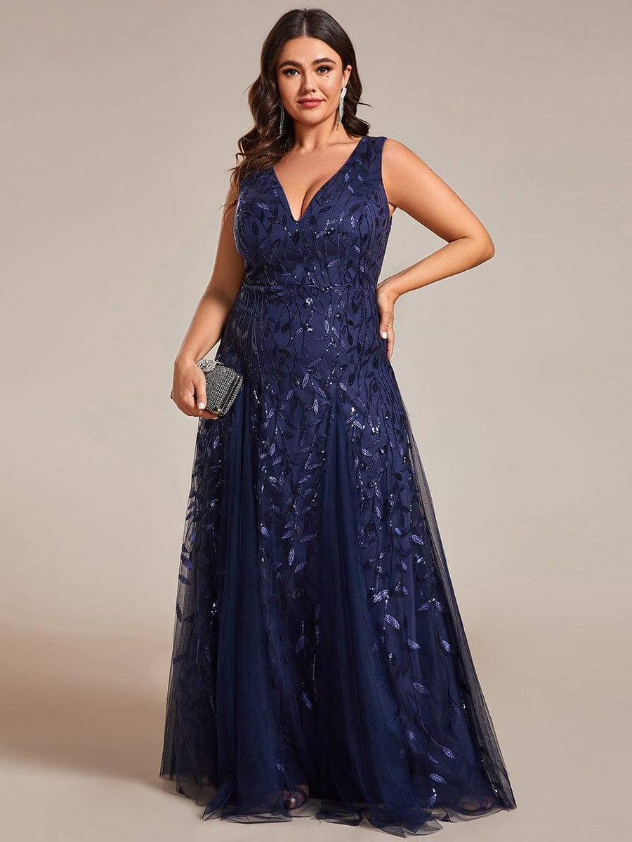Robes de soirée trapèze pailletées sans manches à col en V de grande taille #Couleur_Bleu Marine