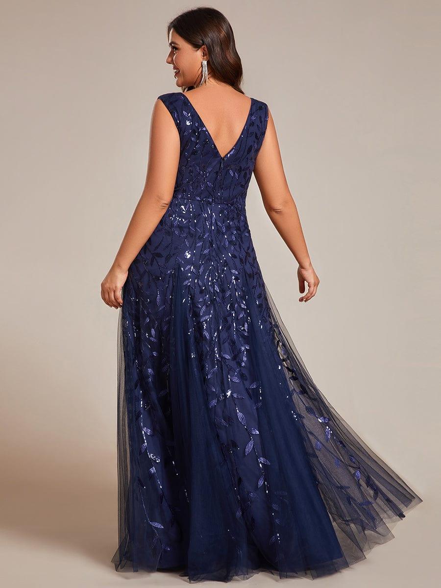 Robes de soirée trapèze pailletées sans manches à col en V #Couleur_Bleu Marine