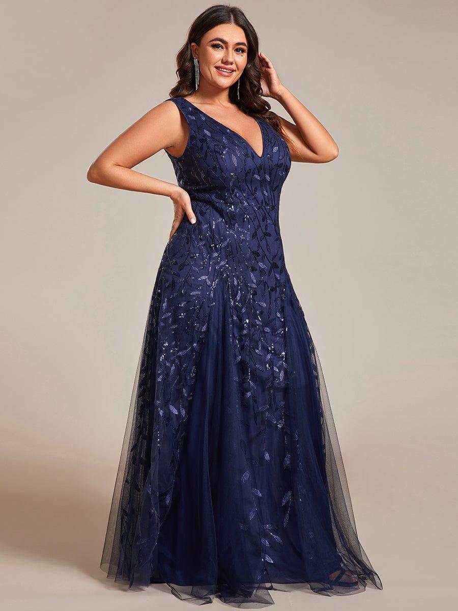 Robes de soirée trapèze pailletées sans manches à col en V #Couleur_Bleu Marine