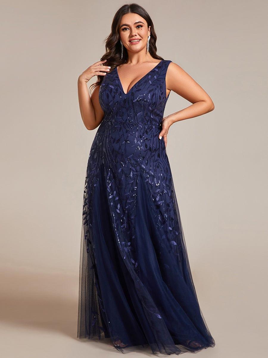 Robes de soirée trapèze pailletées sans manches à col en V de grande taille #Couleur_Bleu Marine