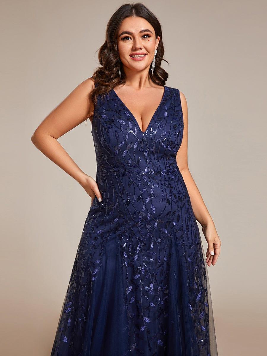 Robes de soirée trapèze pailletées sans manches à col en V #Couleur_Bleu Marine
