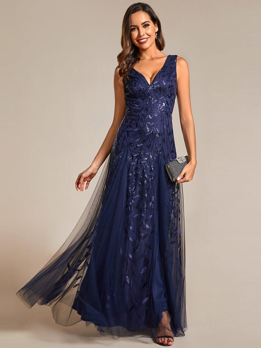 Robes de soirée trapèze pailletées sans manches à col en V #Couleur_Bleu Marine