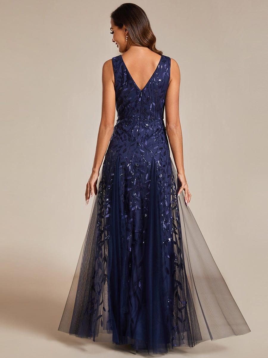 Robes de soirée trapèze pailletées sans manches à col en V #Couleur_Bleu Marine