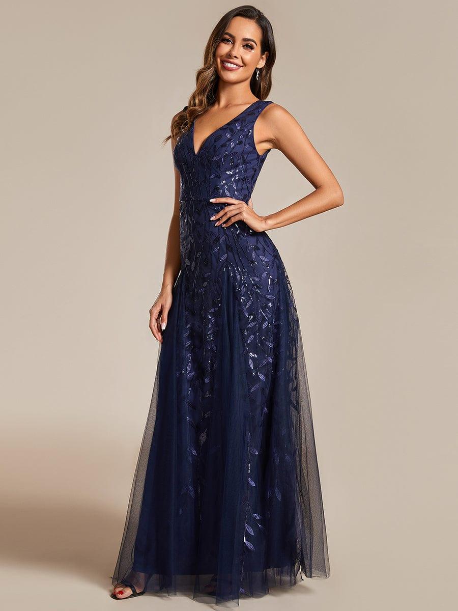 Robes de soirée trapèze pailletées sans manches à col en V #Couleur_Bleu Marine