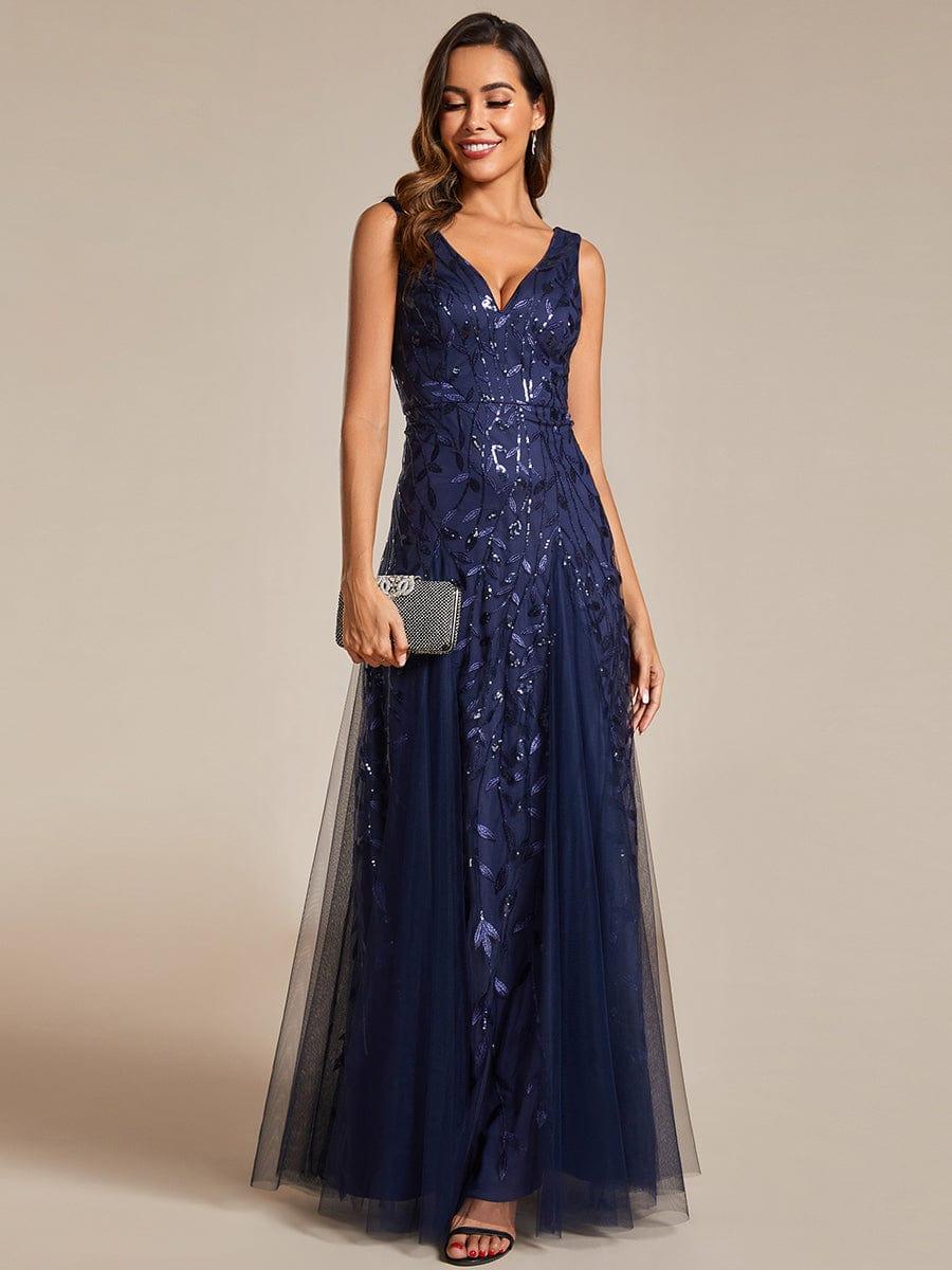 Robes de soirée trapèze pailletées sans manches à col en V #Couleur_Bleu Marine