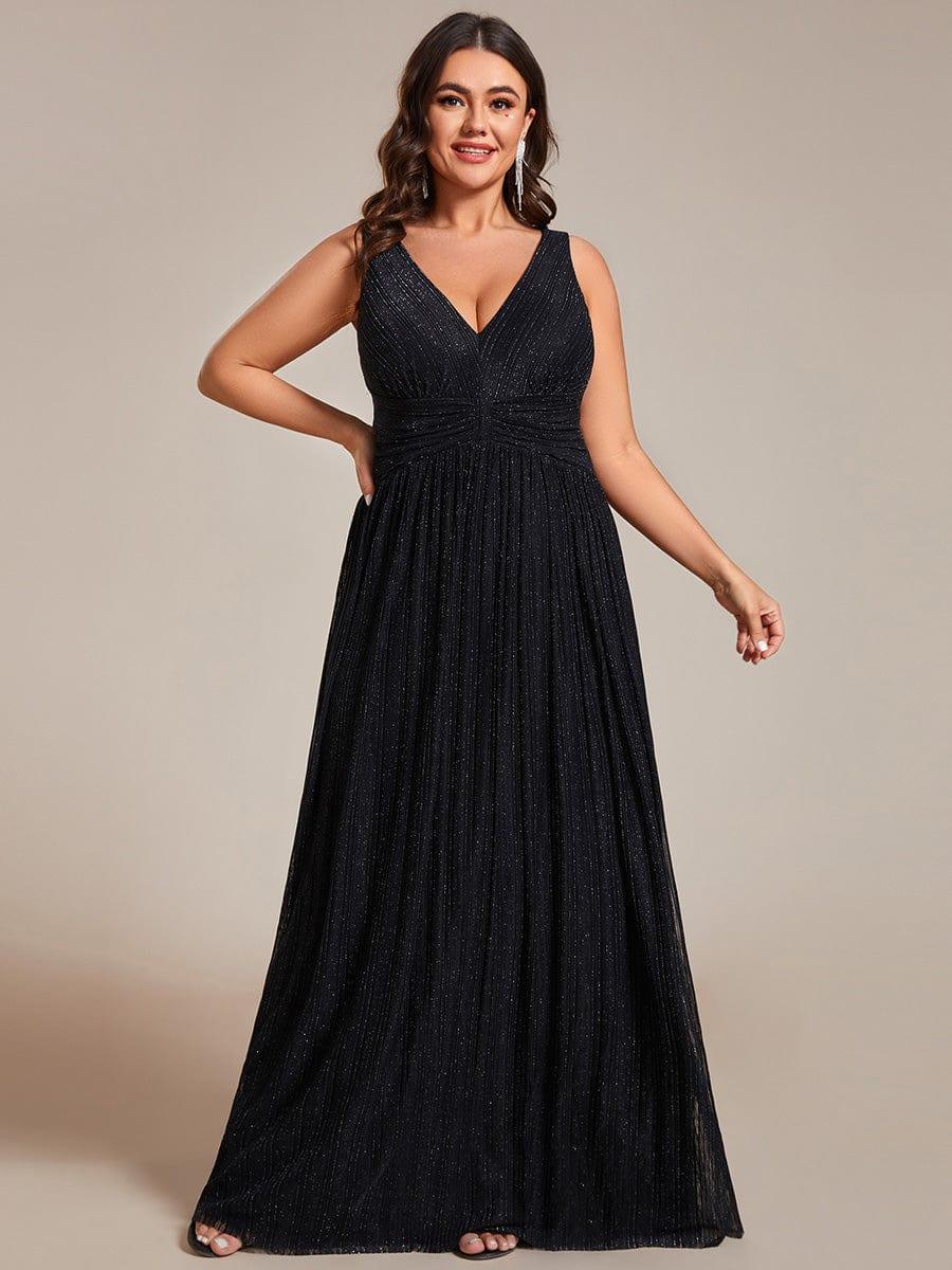 Robe de soirée trapèze sans manches à col en V de grande taille avec des paillettes subtiles #Couleur_Noir