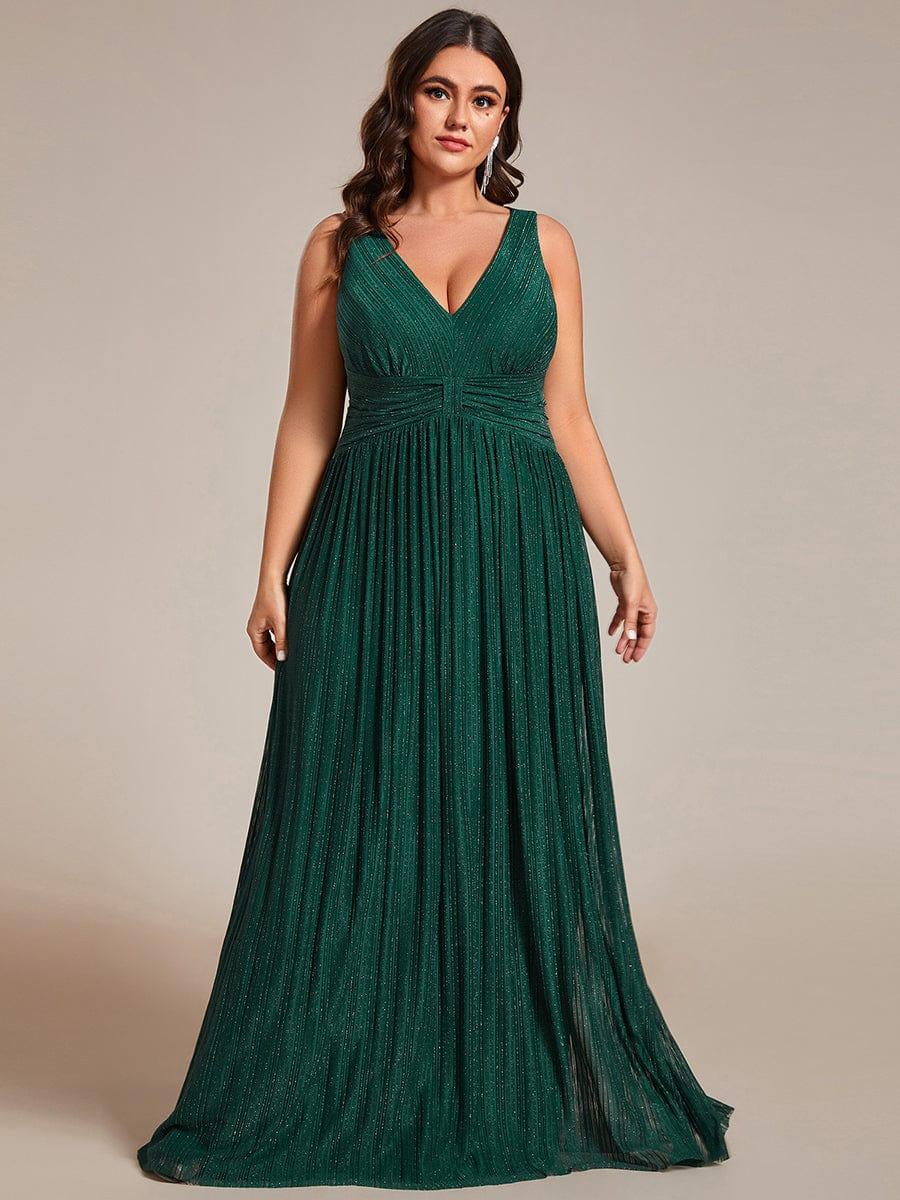 Robe de soirée trapèze sans manches à col en V de grande taille avec des paillettes subtiles #Couleur_Vert Fonce