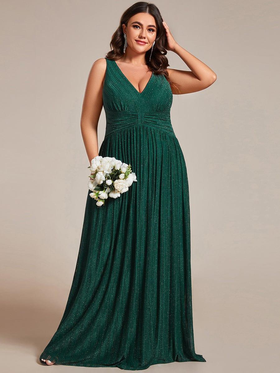 Robe de soirée trapèze sans manches à col en V de grande taille avec des paillettes subtiles #Couleur_Vert Fonce