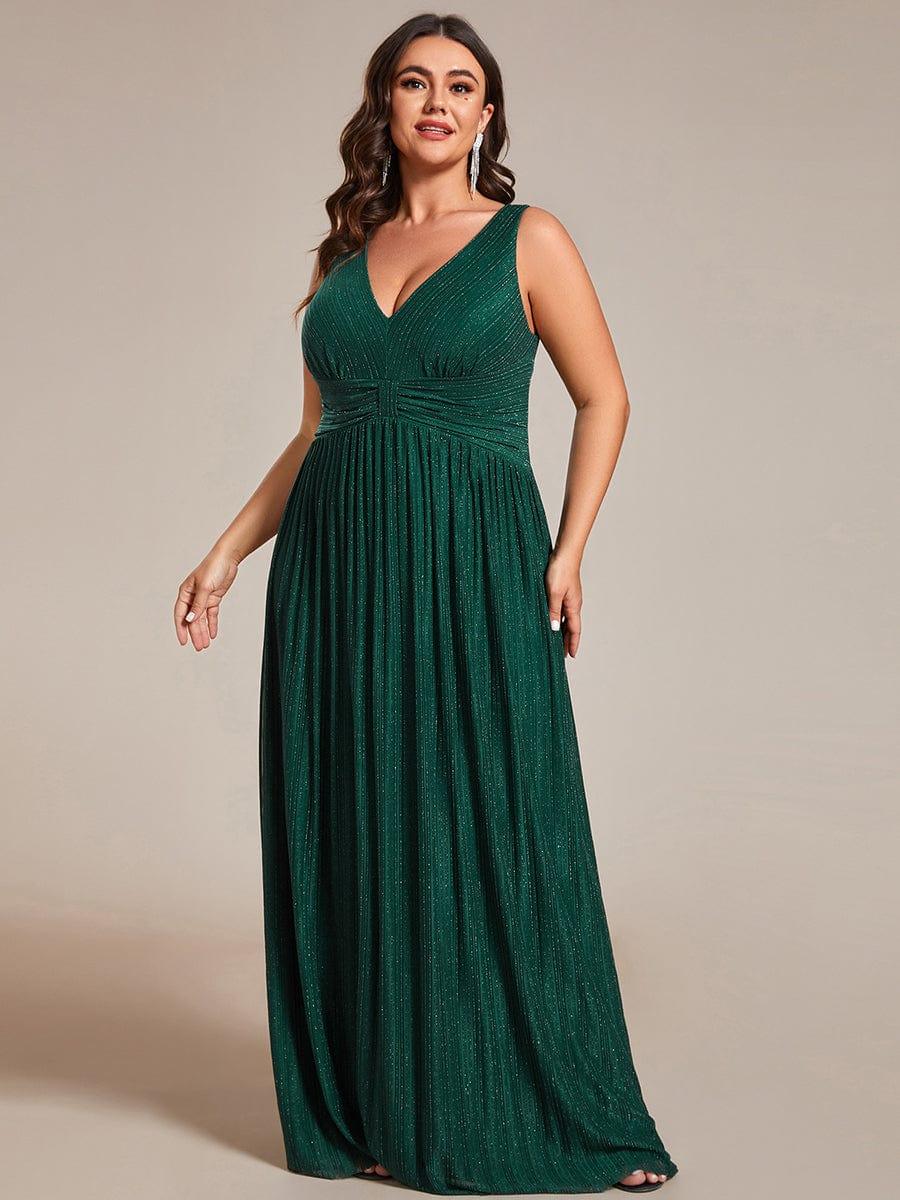 Robe de soirée trapèze sans manches à col en V de grande taille avec des paillettes subtiles #Couleur_Vert Fonce