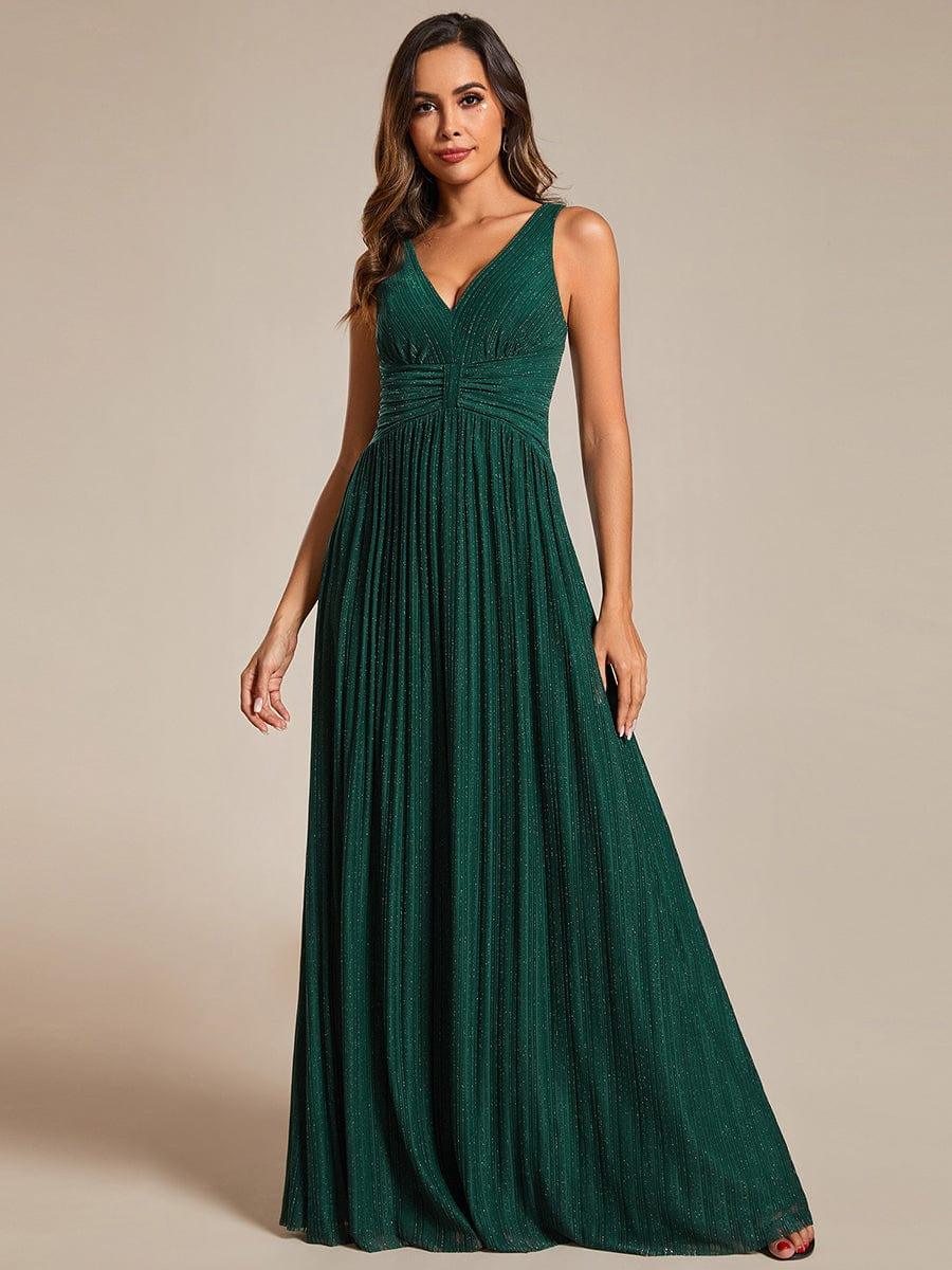 Robe de soirée trapèze sans manches à col en V avec paillettes subtiles #Couleur_Vert Fonce