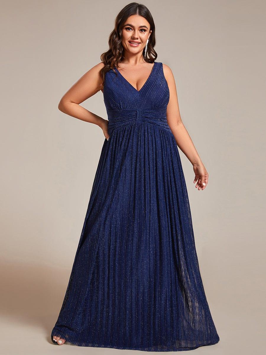 Robe de soirée trapèze sans manches à col en V de grande taille avec des paillettes subtiles #Couleur_Bleu Marine
