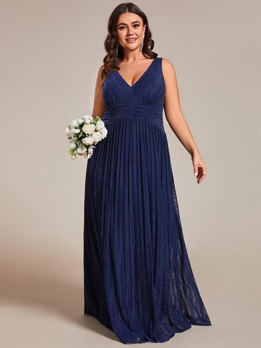 Robe de soirée trapèze sans manches à col en V de grande taille avec des paillettes subtiles #Couleur_Bleu Marine