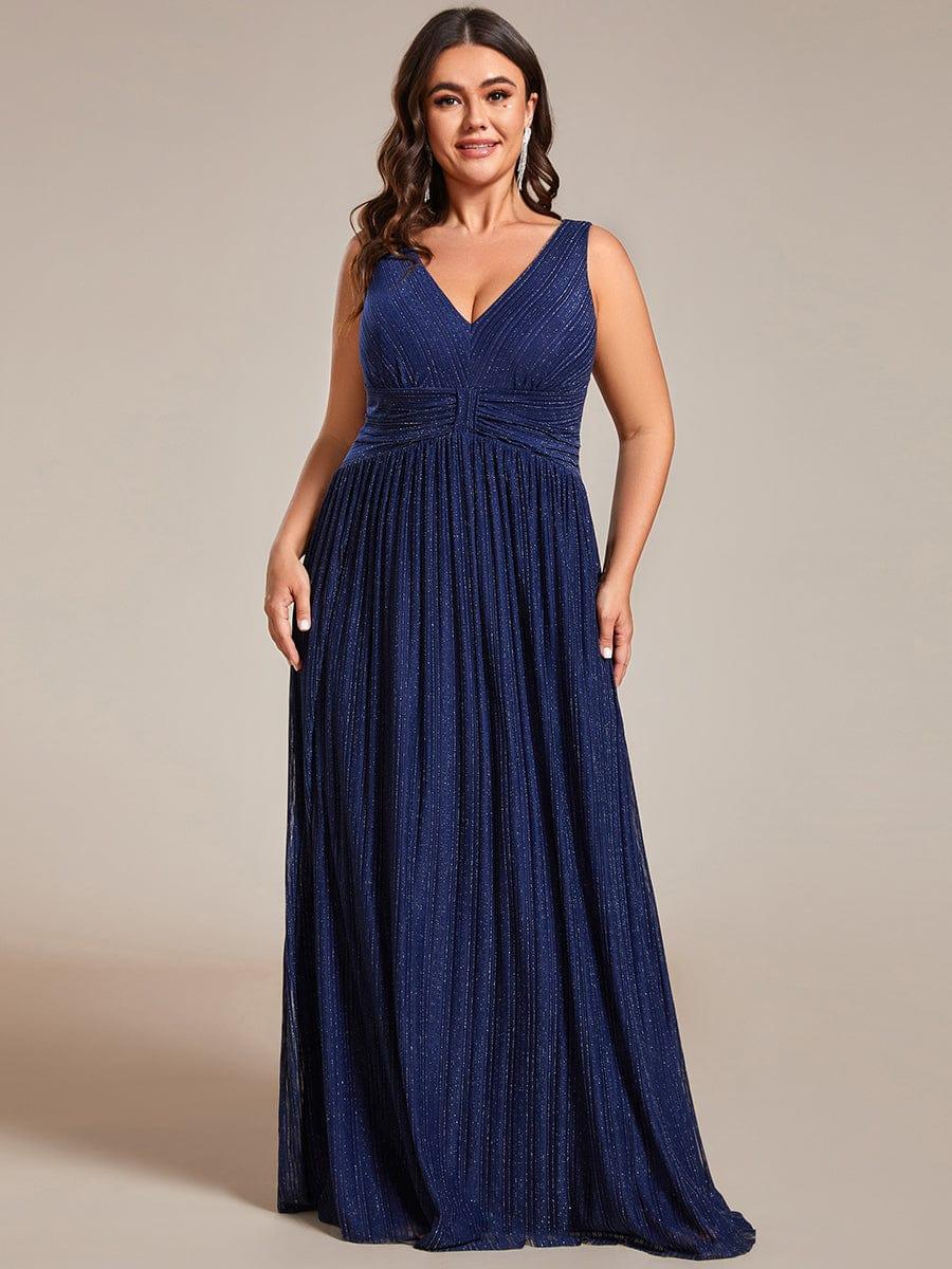 Robe de soirée trapèze sans manches à col en V de grande taille avec des paillettes subtiles #Couleur_Bleu Marine