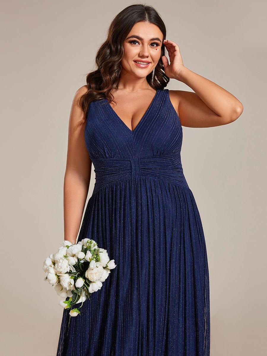 Robe de soirée trapèze sans manches à col en V de grande taille avec des paillettes subtiles #Couleur_Bleu Marine