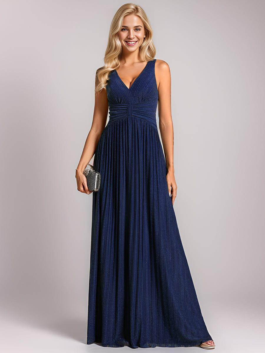 Robe de soirée trapèze sans manches à col en V avec paillettes subtiles #Couleur_Bleu Marine