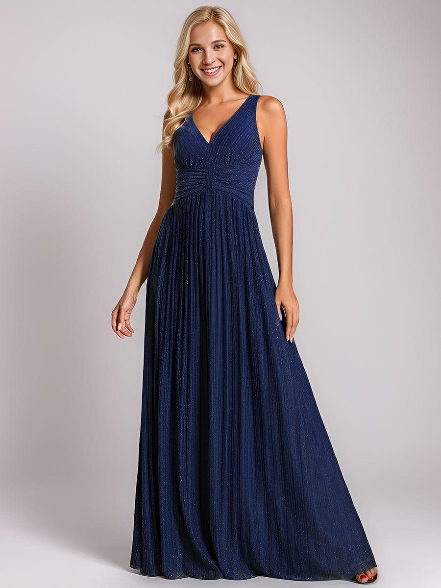 Robe de soirée trapèze sans manches à col en V avec paillettes subtiles #Couleur_Bleu Marine