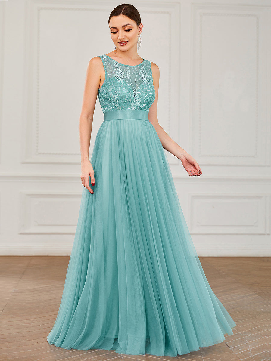 Robe de soirée Chérie sans manches en dentelle satin taille A-ligne en tulle