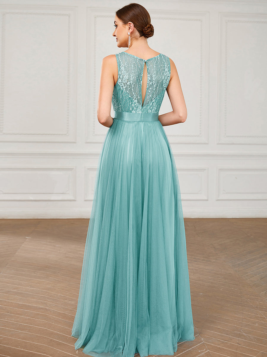 Robe de soirée Chérie sans manches en dentelle satin taille A-ligne en tulle