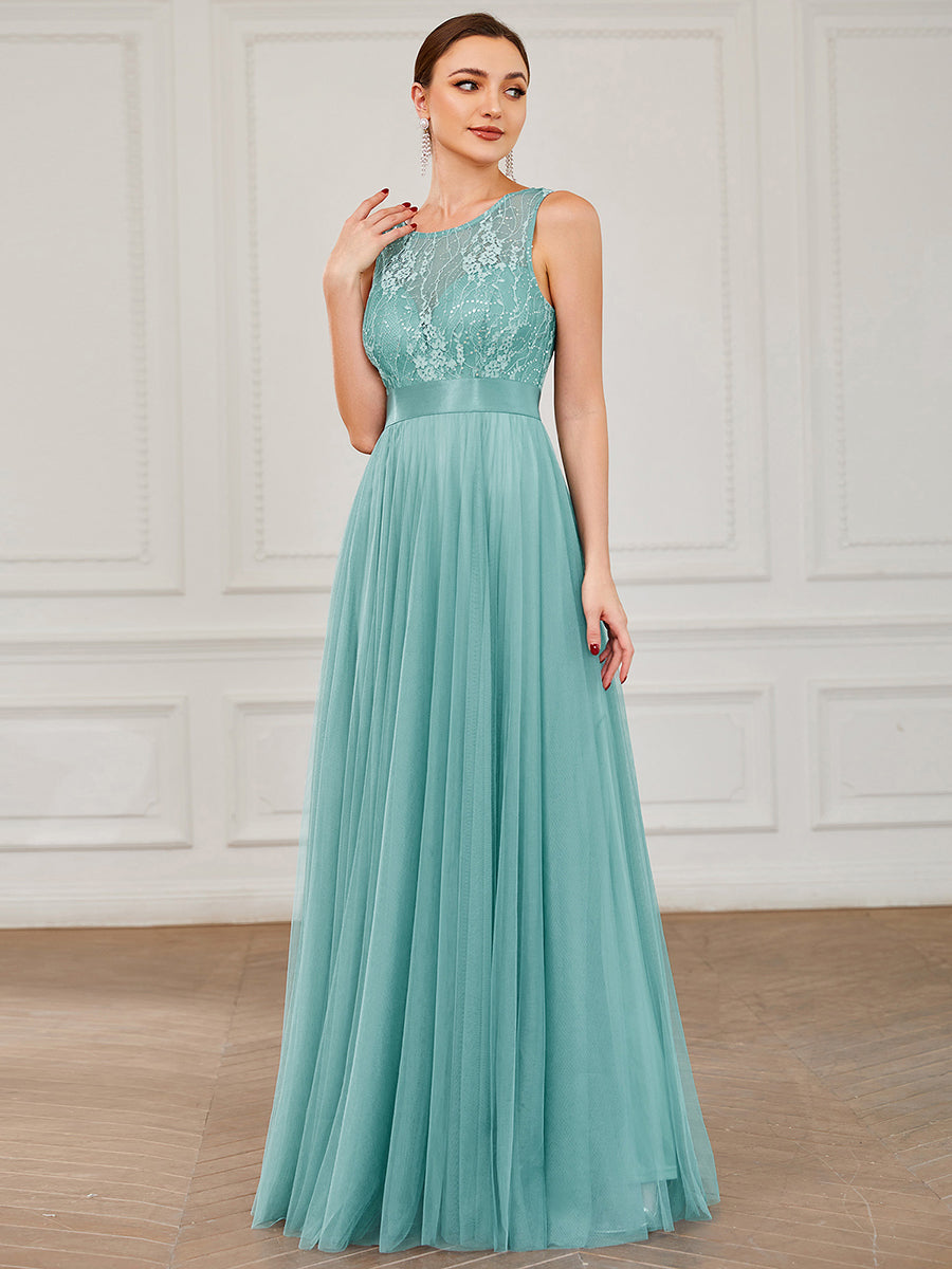 Robe de soirée Chérie sans manches en dentelle satin taille A-ligne en tulle