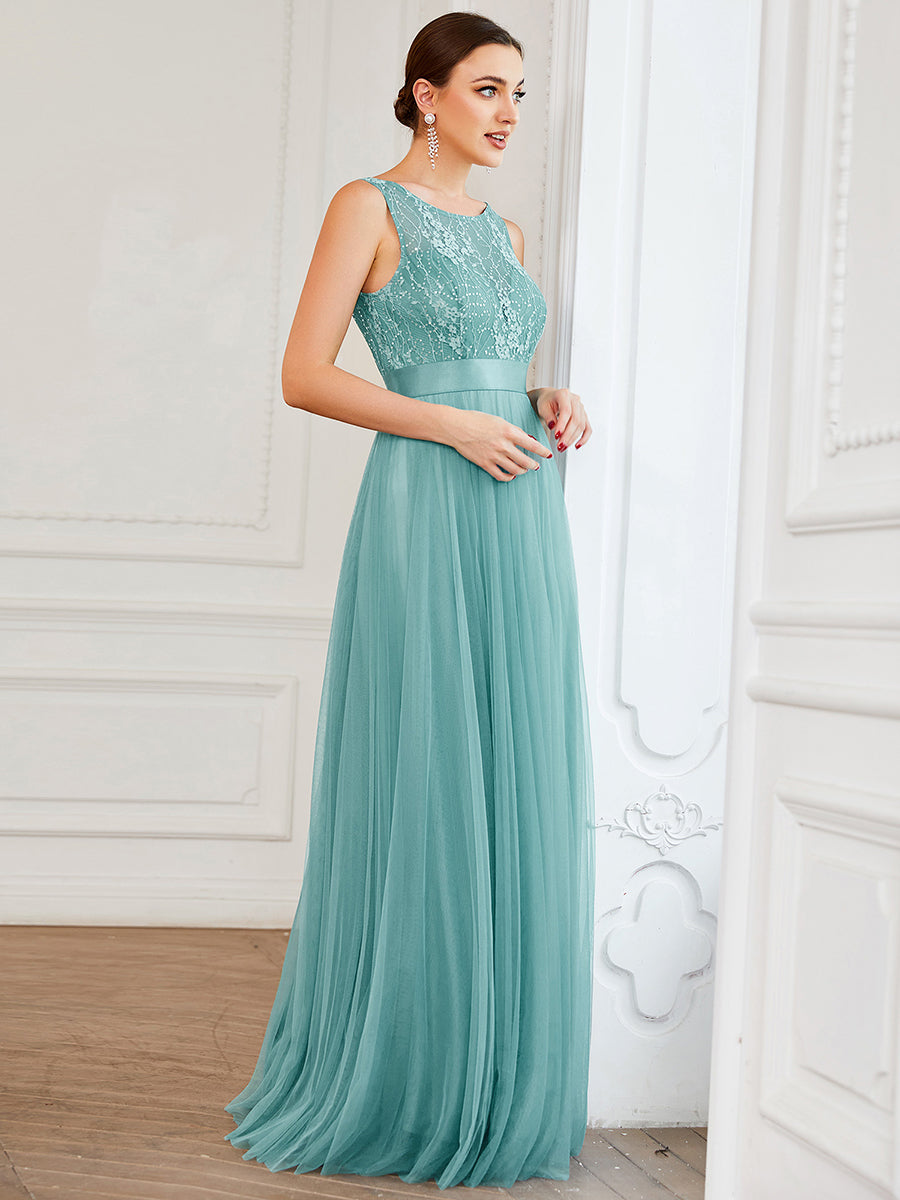 Robe de soirée Chérie sans manches en dentelle satin taille A-ligne en tulle