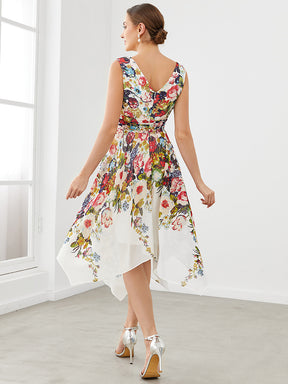 Robe de soirée asymétrique en mousseline imprimée à col en V sans manches