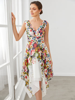Robe de soirée asymétrique en mousseline imprimée à col en V sans manches