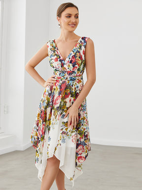 Robe de soirée asymétrique en mousseline imprimée à col en V sans manches