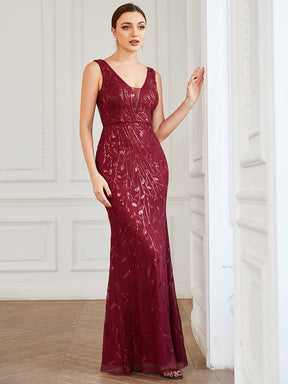Robe de soirée Sirène à empiècement en sequins et col en V sans manches