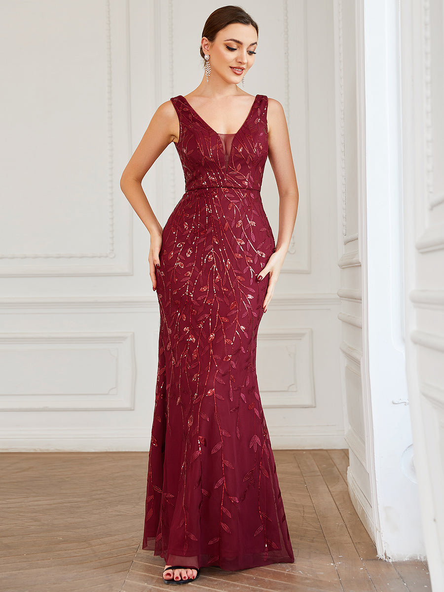 Robe de soirée Sirène à empiècement en sequins et col en V sans manches