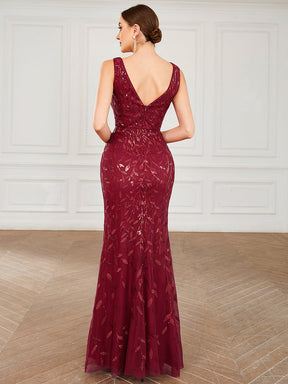 Robe de soirée Sirène à empiècement en sequins et col en V sans manches