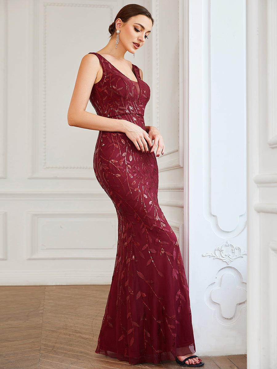 Robe de soirée Sirène à empiècement en sequins et col en V sans manches